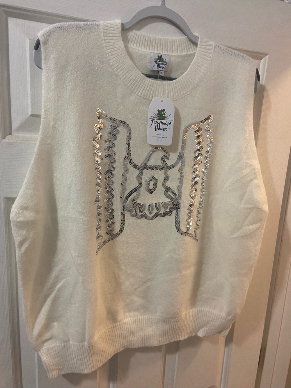 Turquoise Haven 2X Boutique Cream Sequin-Embellished Crewneck Sweater Vest NWT